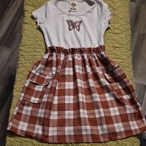 Lily Bleu White Top with Rust Plaid Skirt Dress